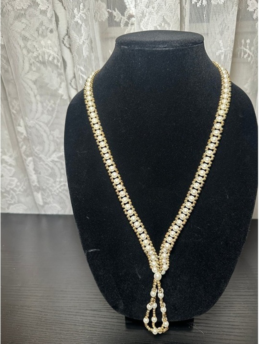 Gold Tone Faux Pearl Beaded Lariat Y Necklace Tassel Vintage Style